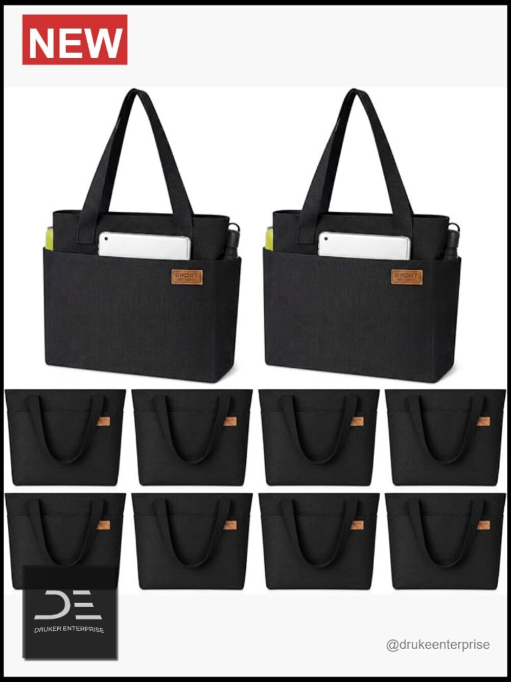 Canvas Tote Bag, Reusable Shoulder Handbag with Zipper, Multi-Pocket, Durable,